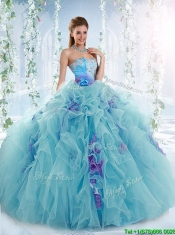 Exquisite Applique Bodice Aqua Blue Detachable Quinceanera Gowns in Organza