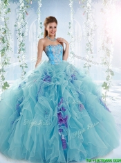 Exquisite Applique Bodice Aqua Blue Detachable Quinceanera Gowns in Organza