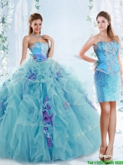 Exquisite Applique Bodice Aqua Blue Detachable Quinceanera Gowns in Organza