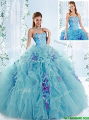 Exquisite Applique Bodice Aqua Blue Detachable Quinceanera Gowns in Organza