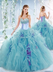 Exquisite Beaded Bust and Ruffled Detachable Quinceanera Dresses in Aqua Blue