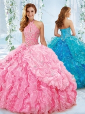 Exquisite Halter Top Beaded Bodice Discount Quinceanera Dresses in Rose Pink