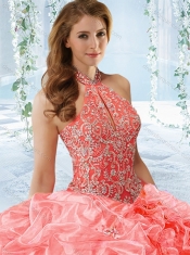Exquisite Halter Top Beaded Bodice  Discount Quinceanera Dresses in Rose Pink