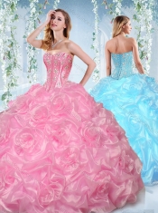 Fashionable Beaded and Bubble Organza Discount Quinceanera Dresses in Rose Pink