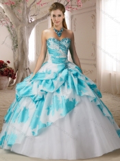 Fashionable Beaded White and Blue 15th Birthday Dresses in Printed and Tulle