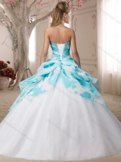 Fashionable Beaded White and Blue 15th Birthday Dresses in Printed and Tulle