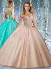 Fashionable Halter Top Champagne 15th Birthday Dresses with Appliques and Beading