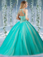 Fashionable Halter Top Champagne 15th Birthday Dresses with Appliques and Beading