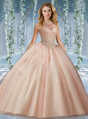 Fashionable Halter Top Champagne 15th Birthday Dresses with Appliques and Beading