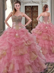 Gorgeous Beaded and Ruffled Big Puffy Discount Quinceanera Dresses in Watermelon Red and Gold