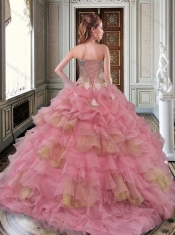 Gorgeous Beaded and Ruffled Big Puffy Discount Quinceanera Dresses in Watermelon Red and Gold
