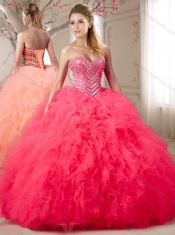 Gorgeous Beaded and Ruffled Sweetheart Coral Red Quinceanera Gown in Organza