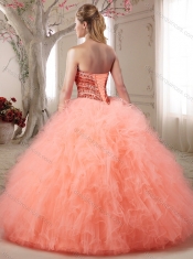Gorgeous Beaded and Ruffled Sweetheart Coral Red Quinceanera Gown in Organza