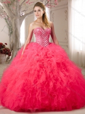 Gorgeous Beaded and Ruffled Sweetheart Coral Red Quinceanera Gown in Organza