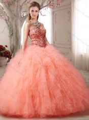 Gorgeous Beaded and Ruffled Sweetheart Coral Red Quinceanera Gown in Organza