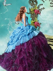 Latest Beaded and Ruffled Purple and Blue Quinceanera Dress in Taffeta and Organza