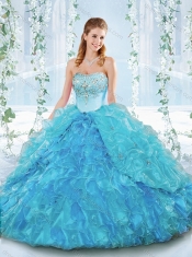 Latest Really Puffy Organza Lace Up Detachable Quinceanera Dress in Blue