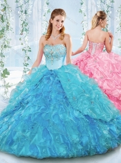Latest Really Puffy Organza Lace Up Detachable Quinceanera Dress in Blue