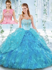 Latest Really Puffy Organza Lace Up Detachable Quinceanera Dress in Blue
