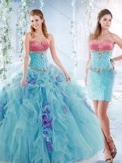 Latest Ruffled and Beaded Detachable Quinceanera Gowns in Aquamarine