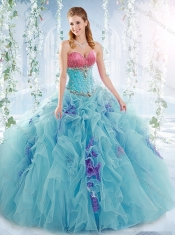 Latest Ruffled and Beaded Detachable Quinceanera Gowns in Aquamarine