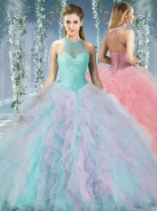 Lovely Beaded Decorated Halter Top Rainbown Discount Quinceanera Dresses in Organza