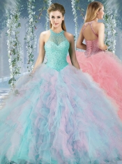 Lovely Beaded Decorated Halter Top Rainbown  Discount Quinceanera Dresses in Organza