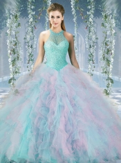 Lovely Beaded Decorated Halter Top Rainbown  Discount Quinceanera Dresses in Organza