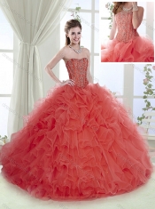 Lovely Brush Train Beaded and Ruffled Coral Red Detachable  Quinceanera Dresses with Removable Shirts