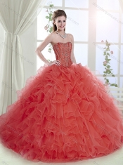 Lovely Brush Train Beaded and Ruffled Coral Red Detachable  Quinceanera Dresses with Removable Shirts