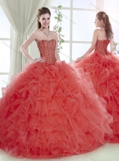 Lovely Brush Train Beaded and Ruffled Coral Red Detachable Quinceanera Dresses with Removable Shirts