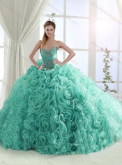 Lovely Rolling Flowers Brush Train Detachable Quinceanera Dresses in Turquoise