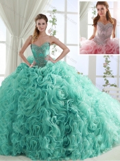 Lovely Rolling Flowers Brush Train Detachable Quinceanera Dresses in Turquoise