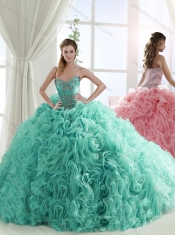 Lovely Rolling Flowers Brush Train Detachable Quinceanera Dresses in Turquoise