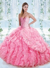 Lovely Rose Pink Detachable Quinceanera dresses with Beaded Bodice and Ruffles