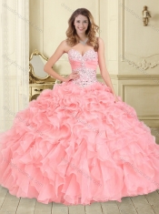 Luxurious Beaded and Ruffled Big Puffy Sweet 16 Dress in Watermelon Red