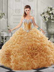Luxurious Organza Champagne 15th Birthday Dresseswith Beading and Ruffles
