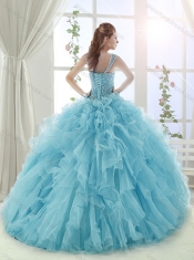 Luxurious Ruffled and Beaded Bodice Aqua Blue 15th Birthday Dresses in Organza