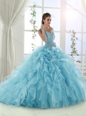Luxurious Ruffled and Beaded Bodice Aqua Blue 15th Birthday Dresses in Organza