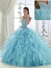 Luxurious Ruffled and Beaded Bodice Aqua Blue 15th Birthday Dresses in Organza