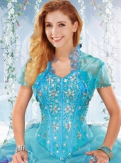 Luxurious Visible Boning Aquamarine Detachable Quinceanera Dresses with Beading