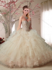 Modern Beaded Bodice and Ruffled Champagne Quinceanera Dress in Organza