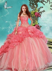 Modest Beaded and Ruffled Coral Red Detachable Quinceanera Dresses with Brush Train