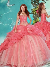 Modest Beaded and Ruffled Coral Red Detachable Quinceanera Dresses with Brush Train