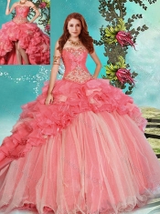 Modest Beaded and Ruffled Coral Red Detachable Quinceanera Dresses with Brush Train