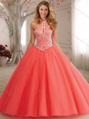 Modest Cutout Bust Beaded Decorated High Neck Hot Pink Quinceanera Dress