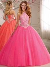 Modest Cutout Bust Beaded Decorated High Neck Hot Pink Quinceanera Dress