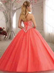 Modest Cutout Bust Beaded Decorated High Neck Hot Pink Quinceanera Dress