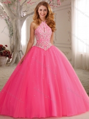 Modest Cutout Bust Beaded Decorated High Neck Hot Pink Quinceanera Dress