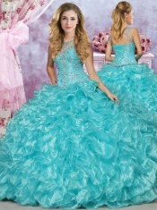 Modest See Through Scoop Beaded and Ruffled Discount Quinceanera Dresses in Aqua Blue